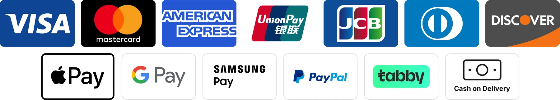 Accepted payment methods: Visa, Mastercard, American Express, UnionPay, JCB, Diners Club, Discover, Apple Pay, Google Pay, Samsung Pay, PayPal, Tabby, Tamara and Cash on Delivery
